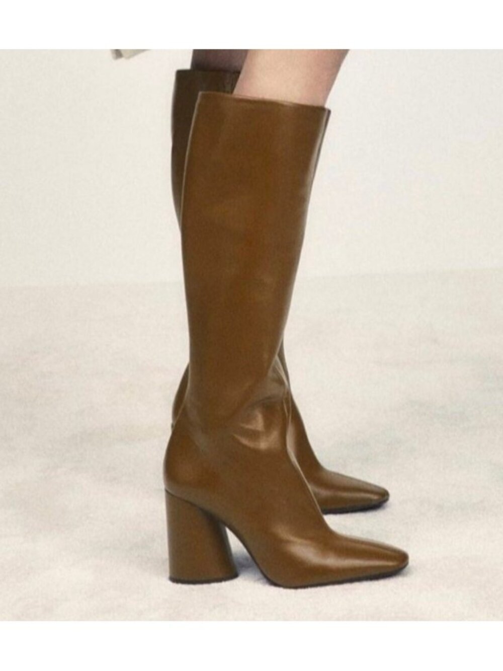 ZARA Camel Brown Leather Knee High Boots Block Heel Square Toe Women's EU 40US 9